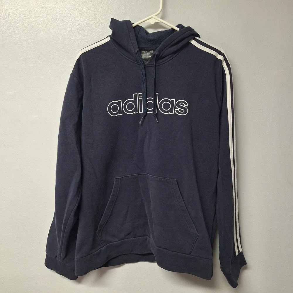 Adidas Navy Blue Hoodie Sweatshirt Classic Logo 3‎ Stripe Sleeve Size M